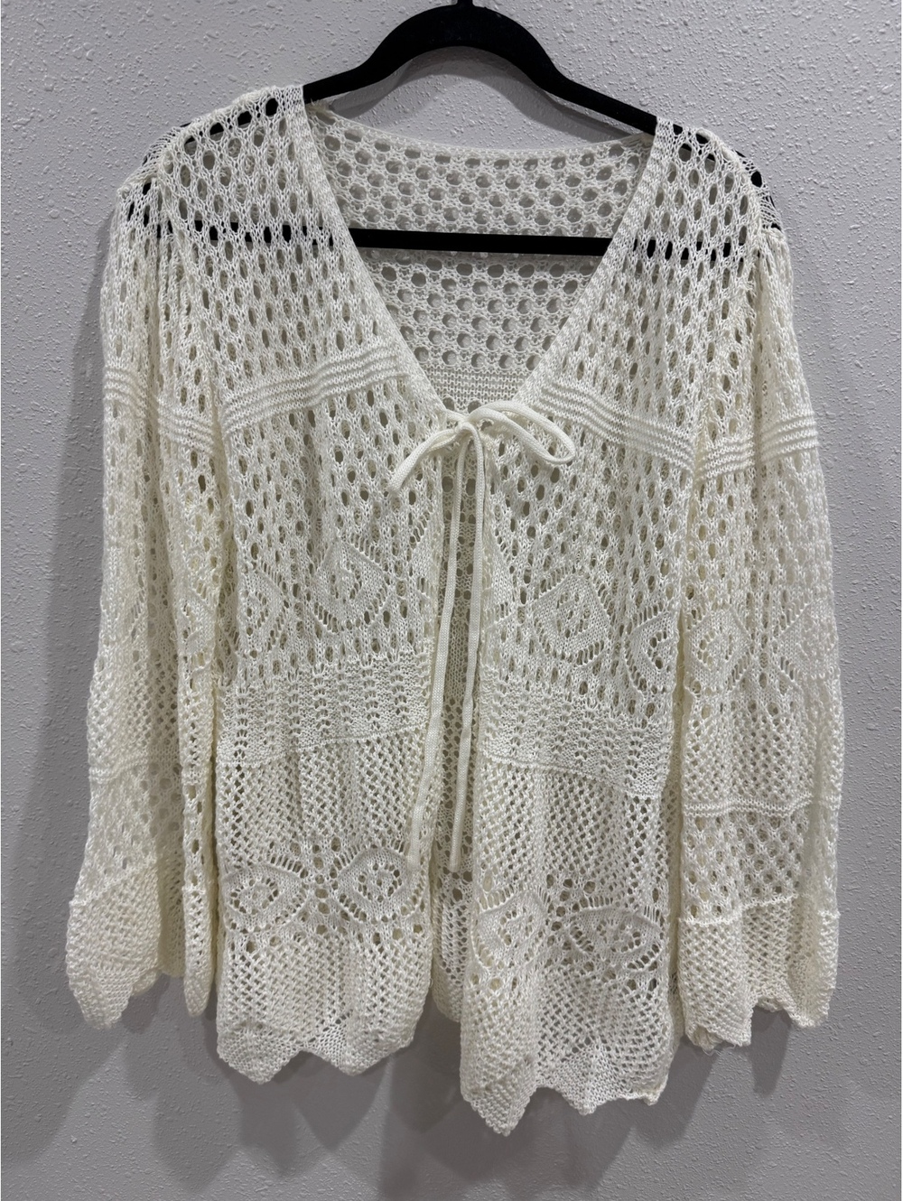 SHEIN Cream Crochet Open Knit Tie Front Cardigan Boho Women’s XL US 12